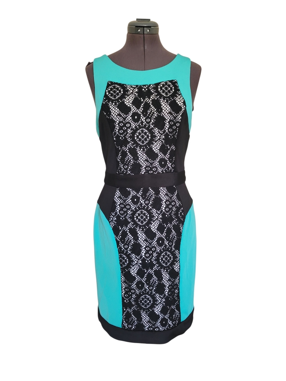 Betsey Johnson Teal & Black Floral Lace Panel Bodycon Dress Size 8 Midi Sheath